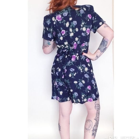 VINTAGE Basic Editions Med Navy Blue W/ Purple Flowers Button front Romper - Picture 7 of 16